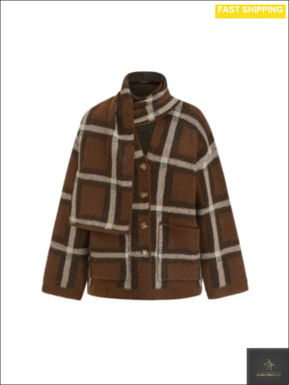 Oversized Plaid Cardigan Sweater Knit Jacket with Matching Scarf
